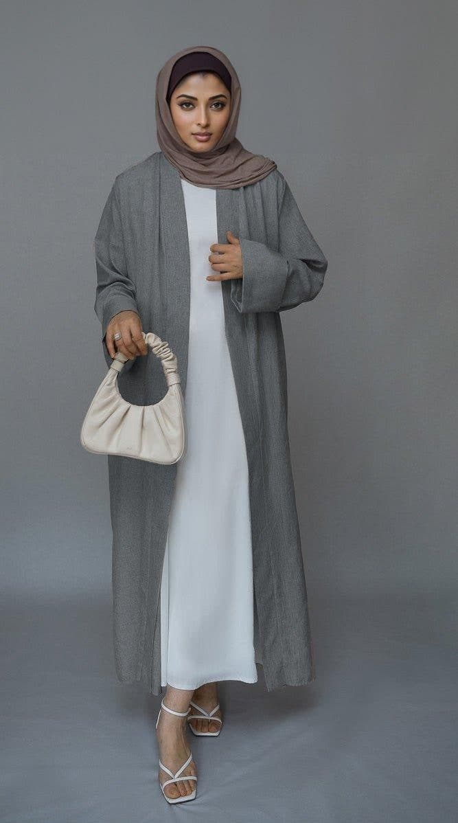 Gray Lounia Maxi Throw Over Abaya in Light Linen Fabric with a Detachable Belt in grey, view 5