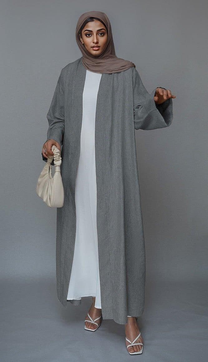 Gray Lounia Maxi Throw Over Abaya in Light Linen Fabric with a Detachable Belt in grey, view 6