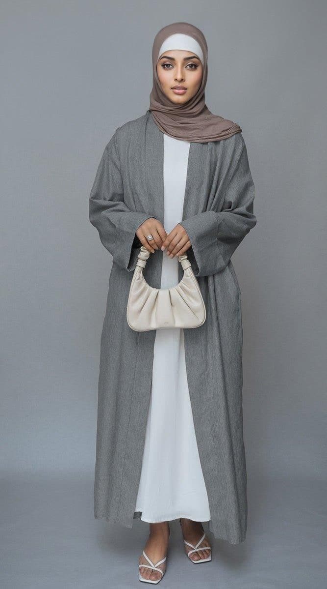Gray Lounia Maxi Throw Over Abaya in Light Linen Fabric with a Detachable Belt in grey, view 4