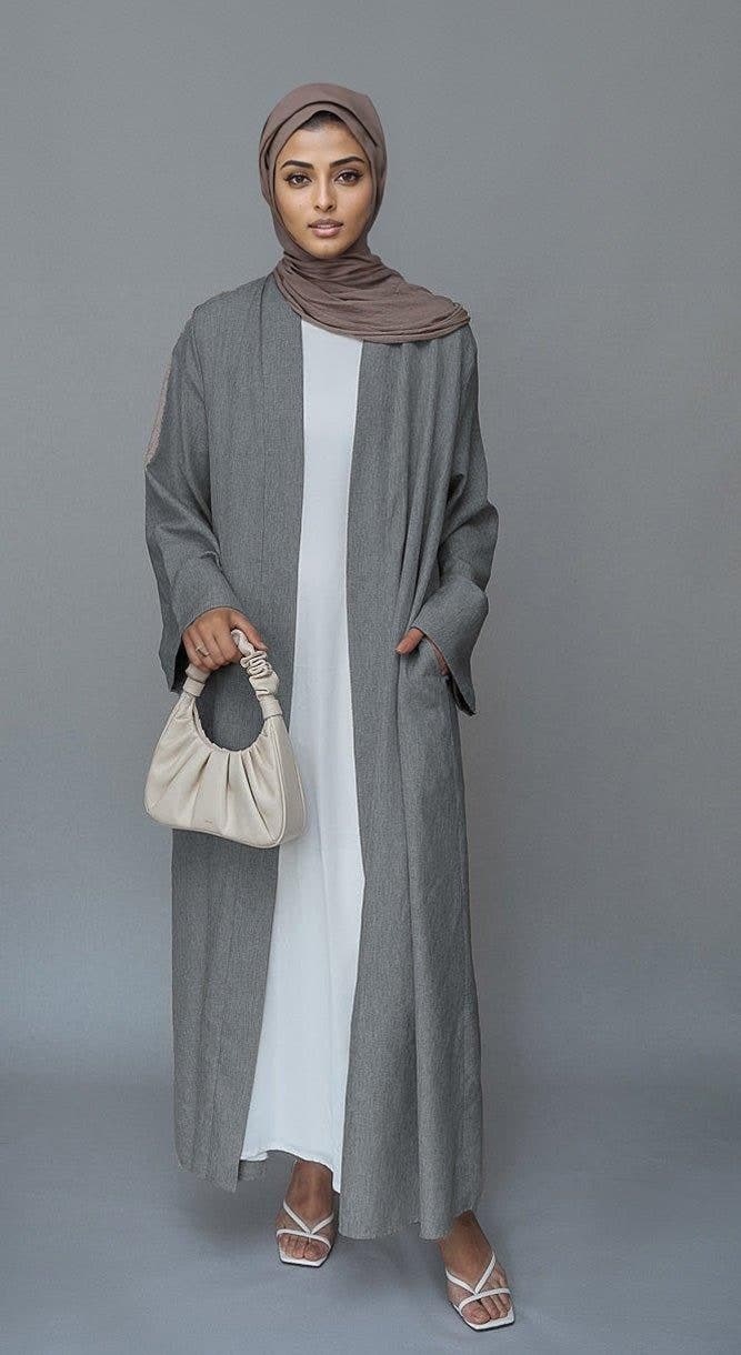 Gray Lounia Maxi Throw Over Abaya in Light Linen Fabric with a Detachable Belt in grey, view 3