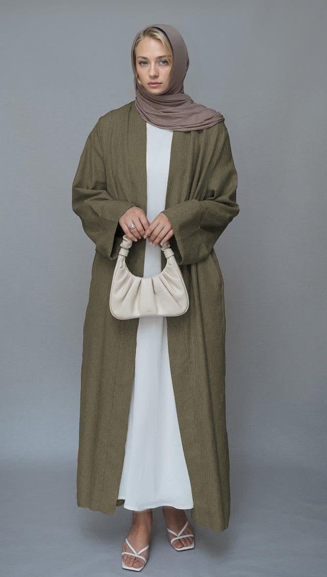 Brown Lounia Maxi Throw Over Abaya in Light Linen Fabric with a Detachable Belt, view 4