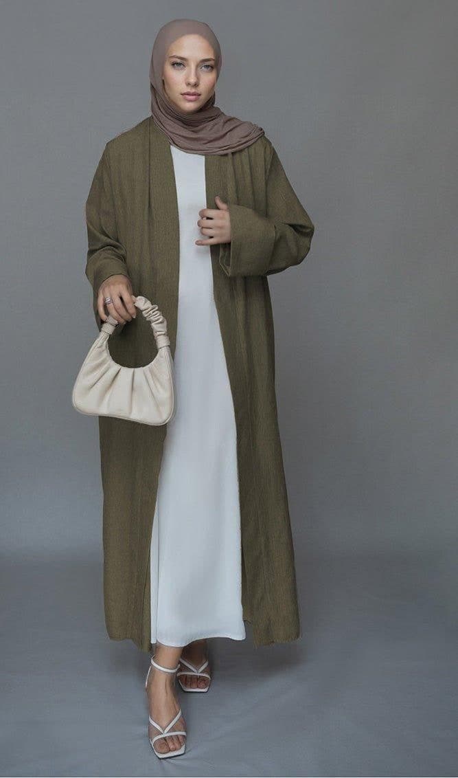 Brown Lounia Maxi Throw Over Abaya in Light Linen Fabric with a Detachable Belt, view 5