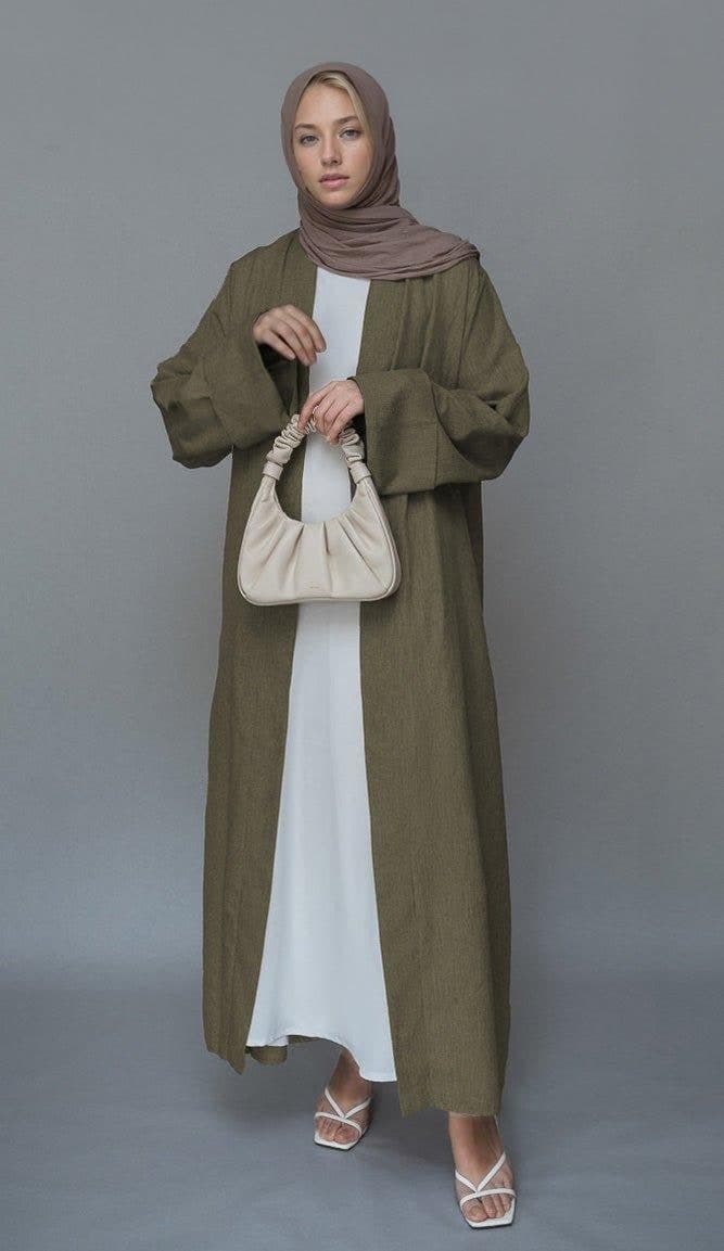 Brown Lounia Maxi Throw Over Abaya in Light Linen Fabric with a Detachable Belt, view 3