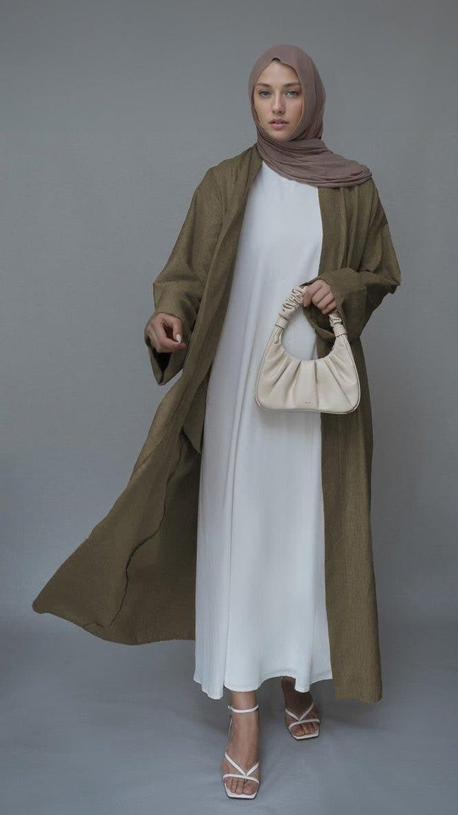 Brown Lounia Maxi Throw Over Abaya in Light Linen Fabric with a Detachable Belt, view 7