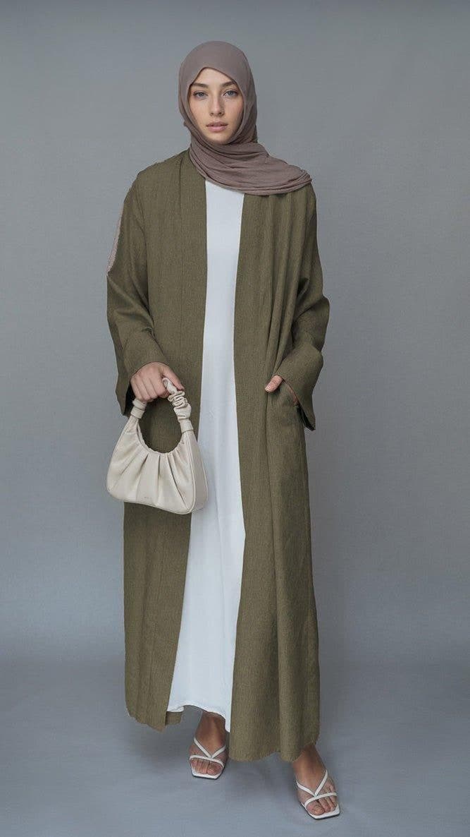 Brown Lounia Maxi Throw Over Abaya in Light Linen Fabric with a Detachable Belt, view 6