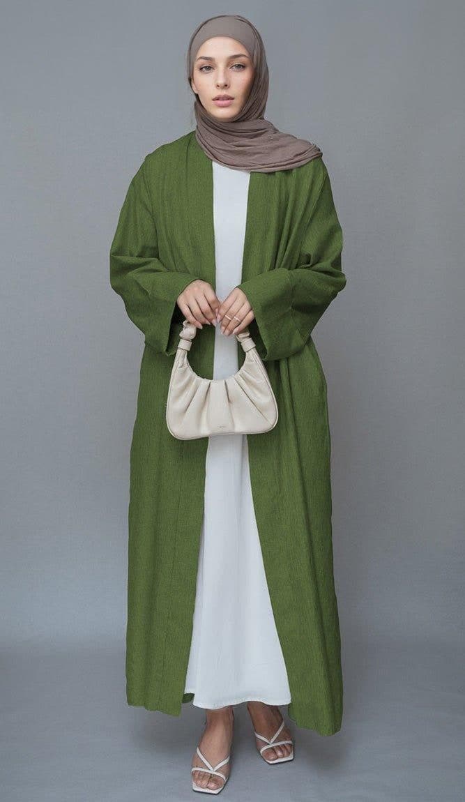 Green Lounia Maxi Throw Over Abaya in Light Linen Fabric with a Detachable Belt in army green, view 6