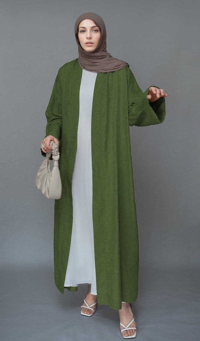 Green Lounia Maxi Throw Over Abaya in Light Linen Fabric with a Detachable Belt in army green, view 3