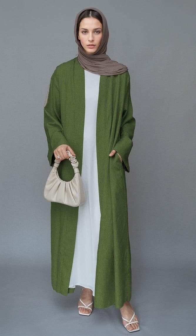Green Lounia Maxi Throw Over Abaya in Light Linen Fabric with a Detachable Belt in army green, view 4
