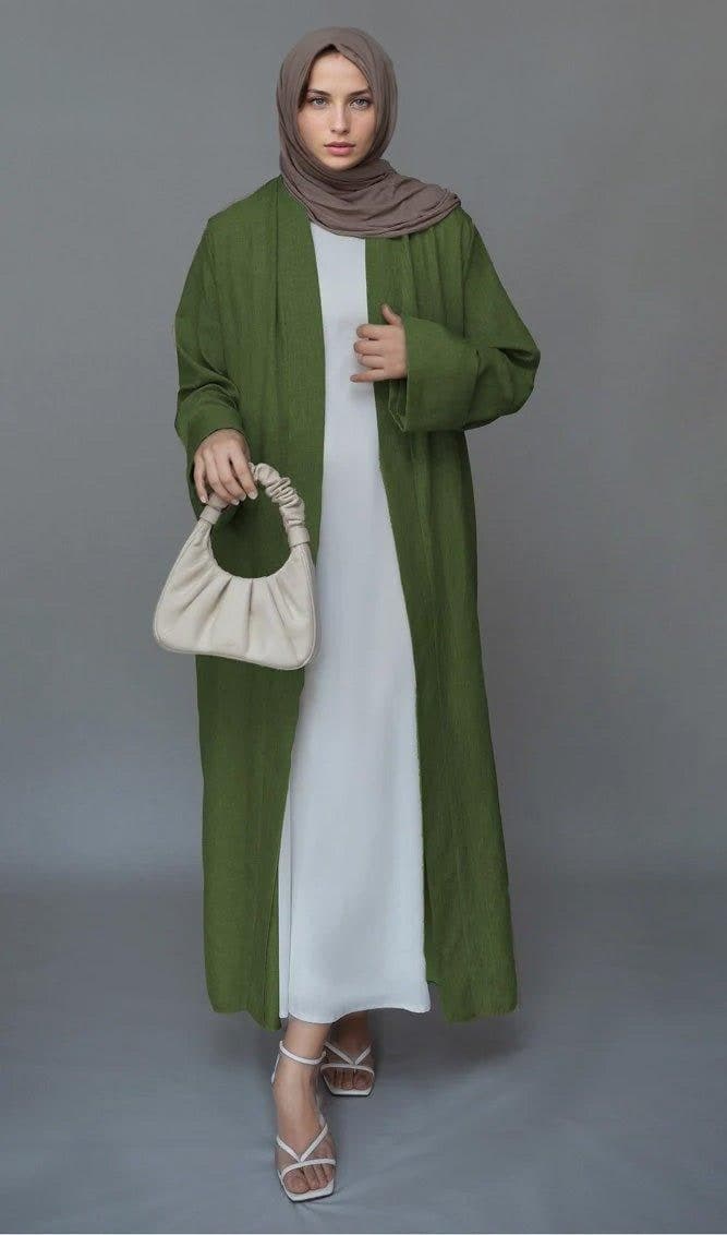 Green Lounia Maxi Throw Over Abaya in Light Linen Fabric with a Detachable Belt in army green, view 5