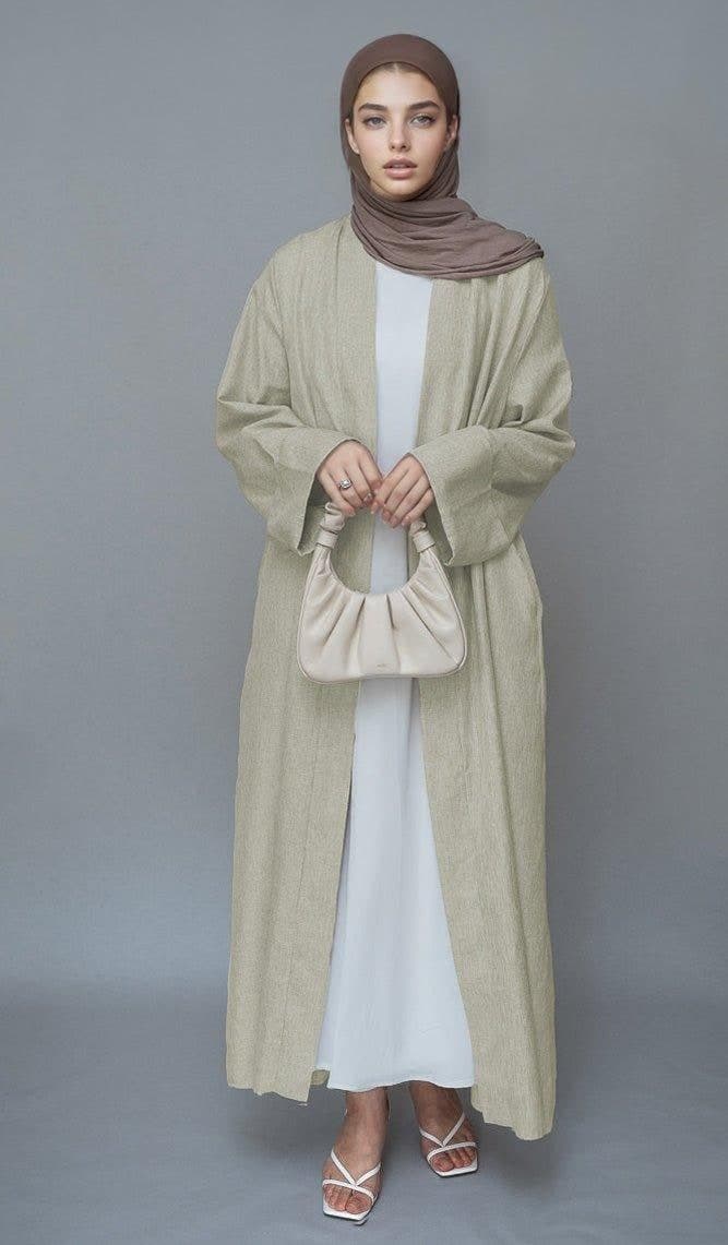 Beige Lounia Maxi Throw Over Abaya in Light Linen Fabric with a Detachable Belt, view 7