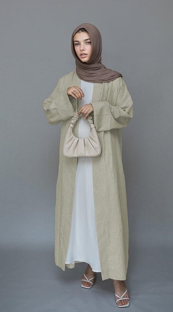 Beige Lounia Maxi Throw Over Abaya in Light Linen Fabric with a Detachable Belt, view 6