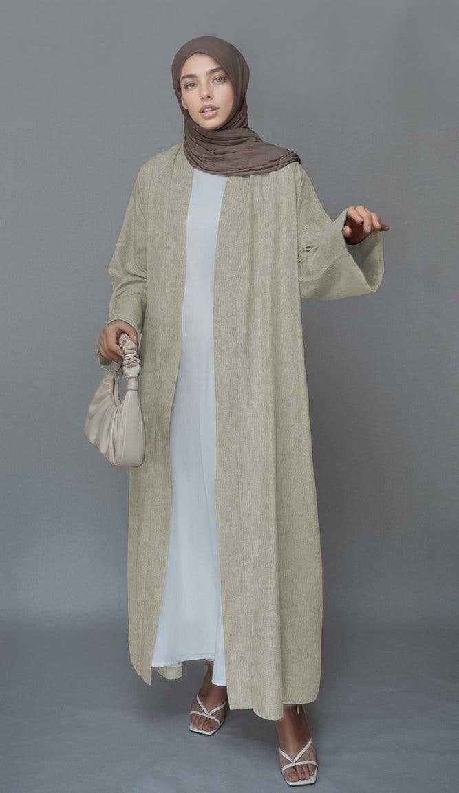 Beige Lounia Maxi Throw Over Abaya in Light Linen Fabric with a Detachable Belt, view 5