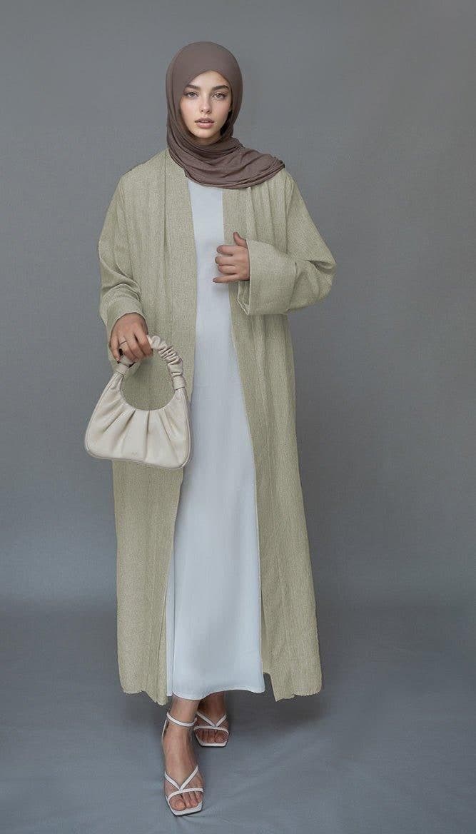 Beige Lounia Maxi Throw Over Abaya in Light Linen Fabric with a Detachable Belt, view 4