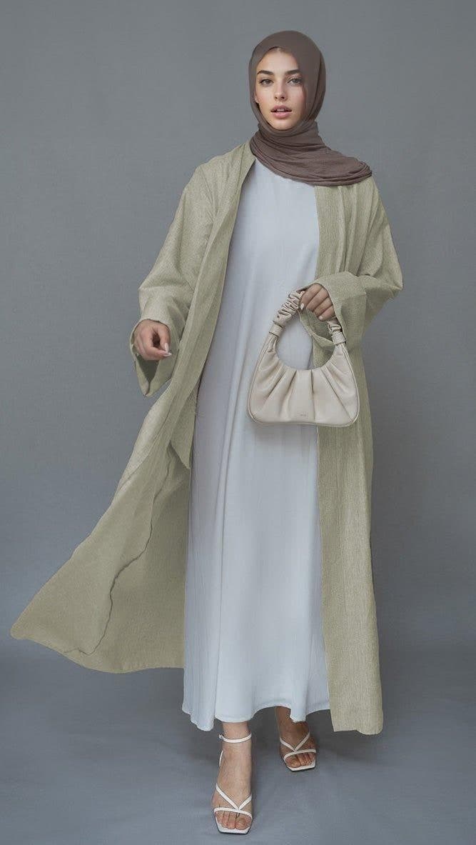 Beige Lounia Maxi Throw Over Abaya in Light Linen Fabric with a Detachable Belt, view 3