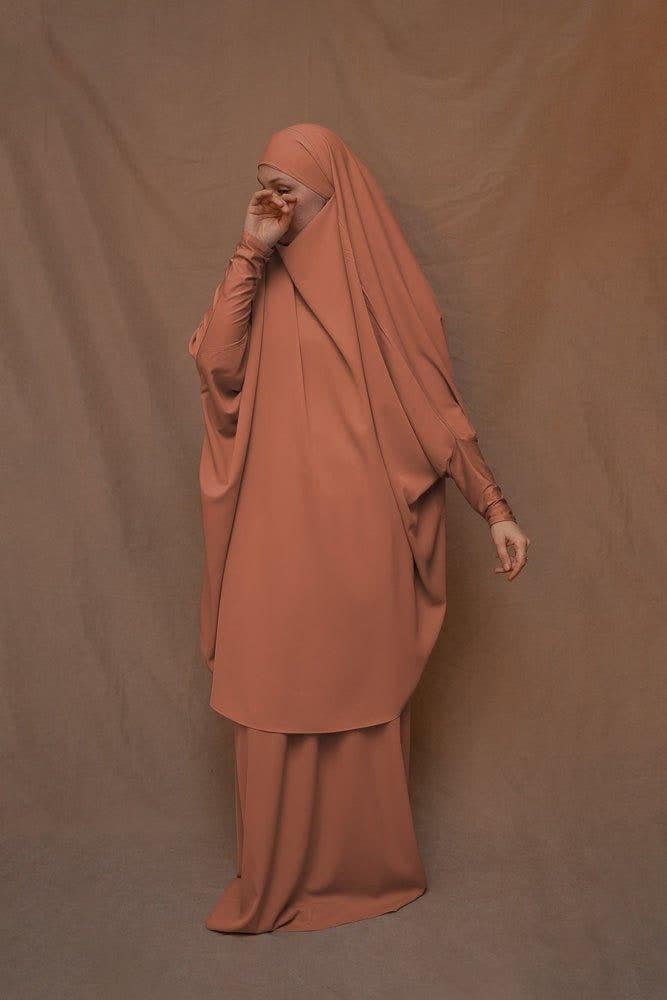 Orange Moira Prayer Umrah Gown with Niqab Feature, view 4