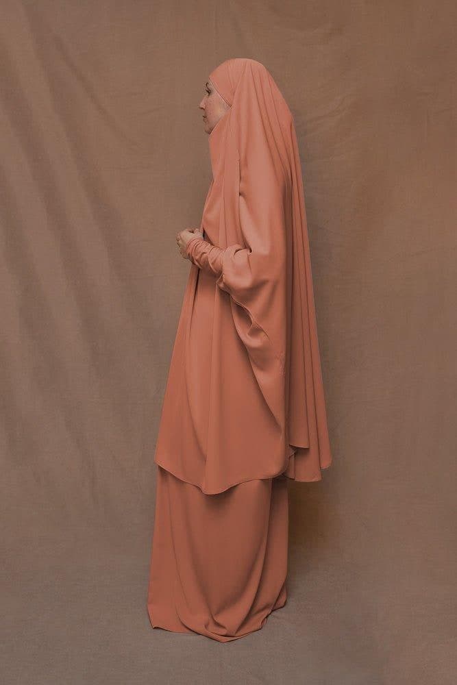 Orange Moira Prayer Umrah Gown with Niqab Feature, view 3