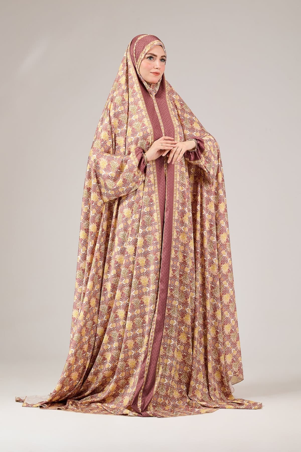 Full-length satin floral prayer gown with pouch