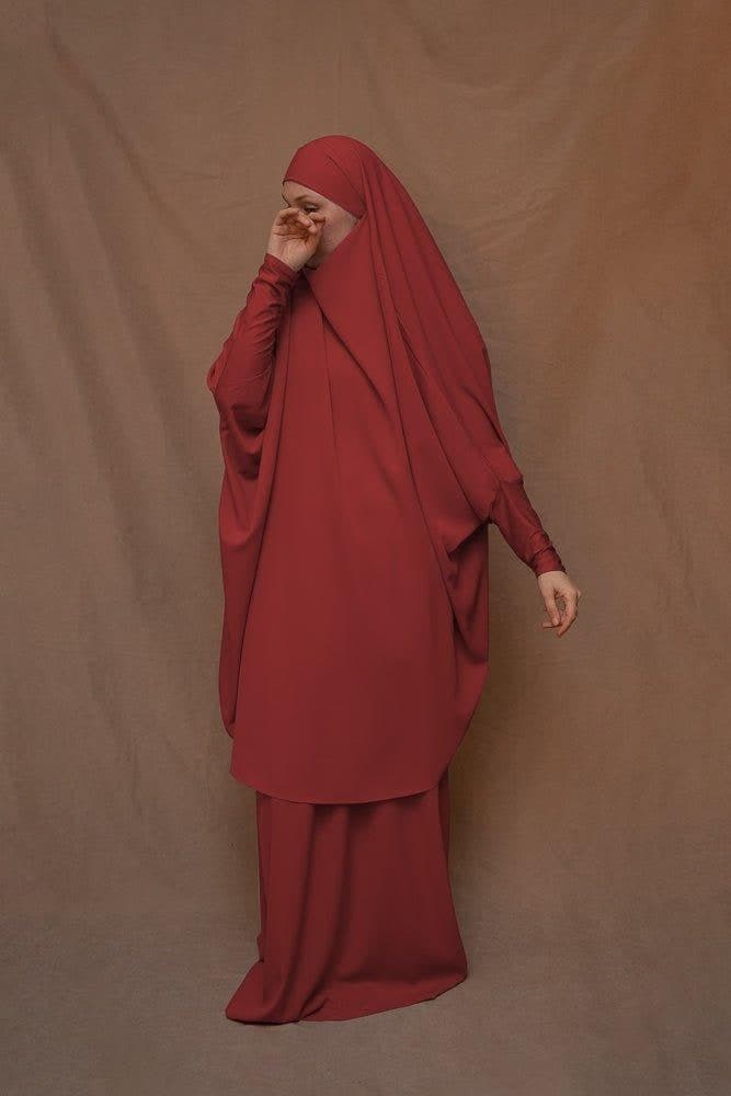 Red Moira Prayer Umrah Gown with Niqab Feature, view 3