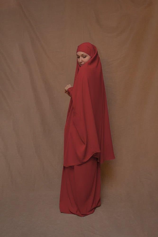 Red Moira Prayer Umrah Gown with Niqab Feature, view 4
