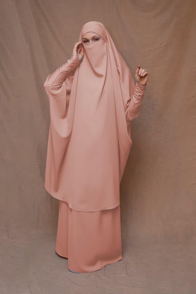 Pink Moira Prayer Umrah Gown with Niqab Feature, view 3