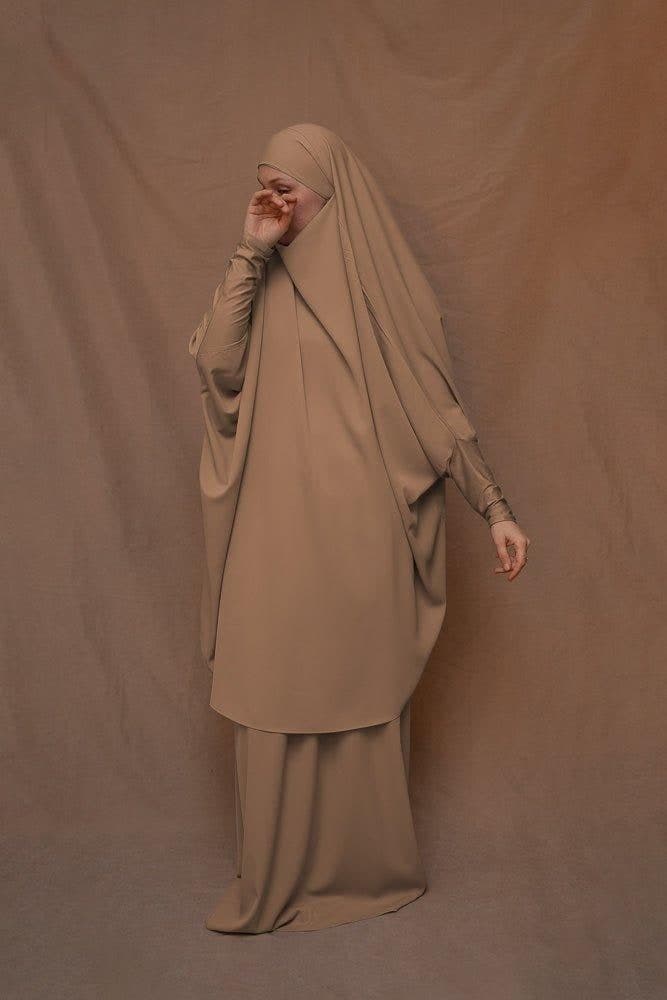 Khaki Moira Prayer Umrah Gown with Niqab Feature, view 3