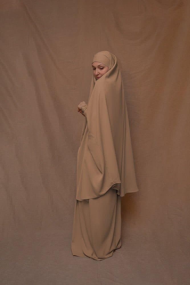Khaki Moira Prayer Umrah Gown with Niqab Feature, view 4