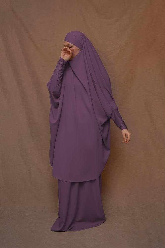 Dark Purple Moira Prayer Umrah Gown with Niqab Feature, view 5