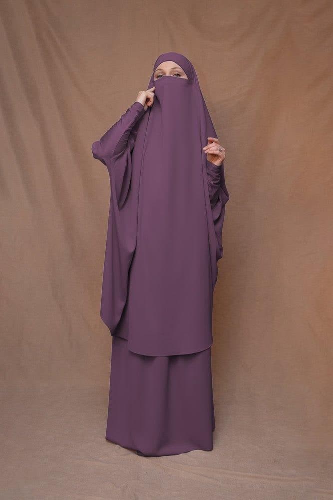 Dark Purple Moira Prayer Umrah Gown with Niqab Feature, view 3