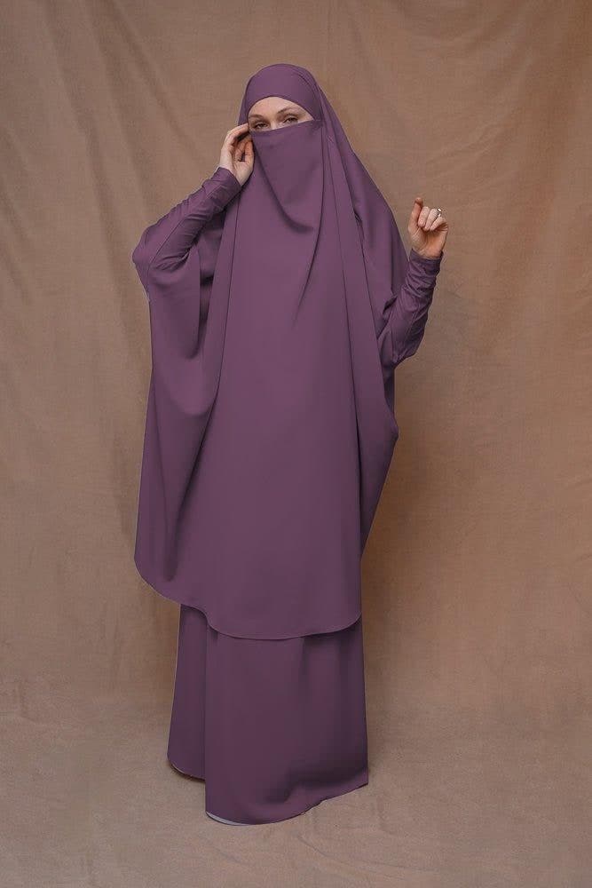 Dark Purple Moira Prayer Umrah Gown with Niqab Feature, view 4