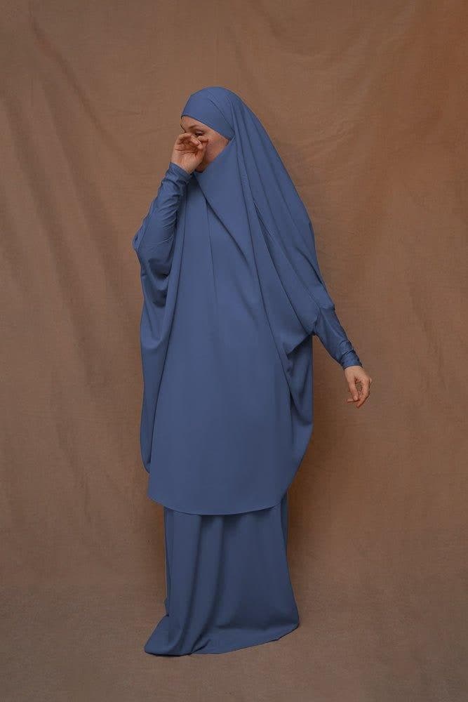 Blue Moira Prayer Umrah Gown with Niqab Feature, view 3