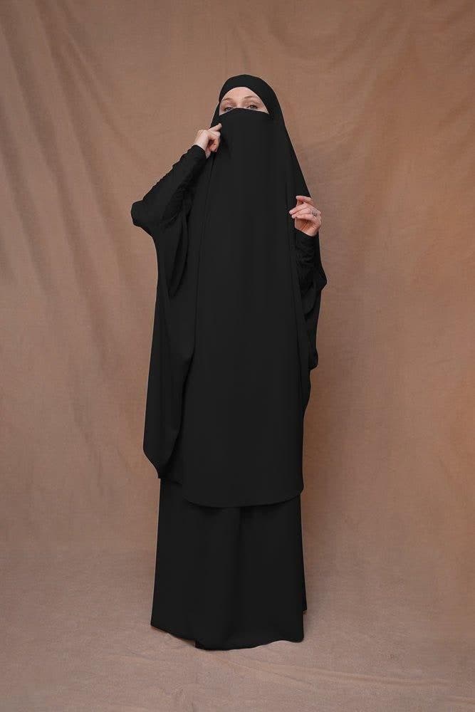 Black Moira Prayer Umrah Gown with Niqab Feature, view 3