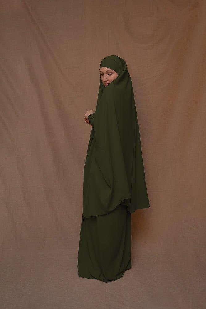 Army Green Moira Prayer Umrah Gown with Niqab Feature, view 3