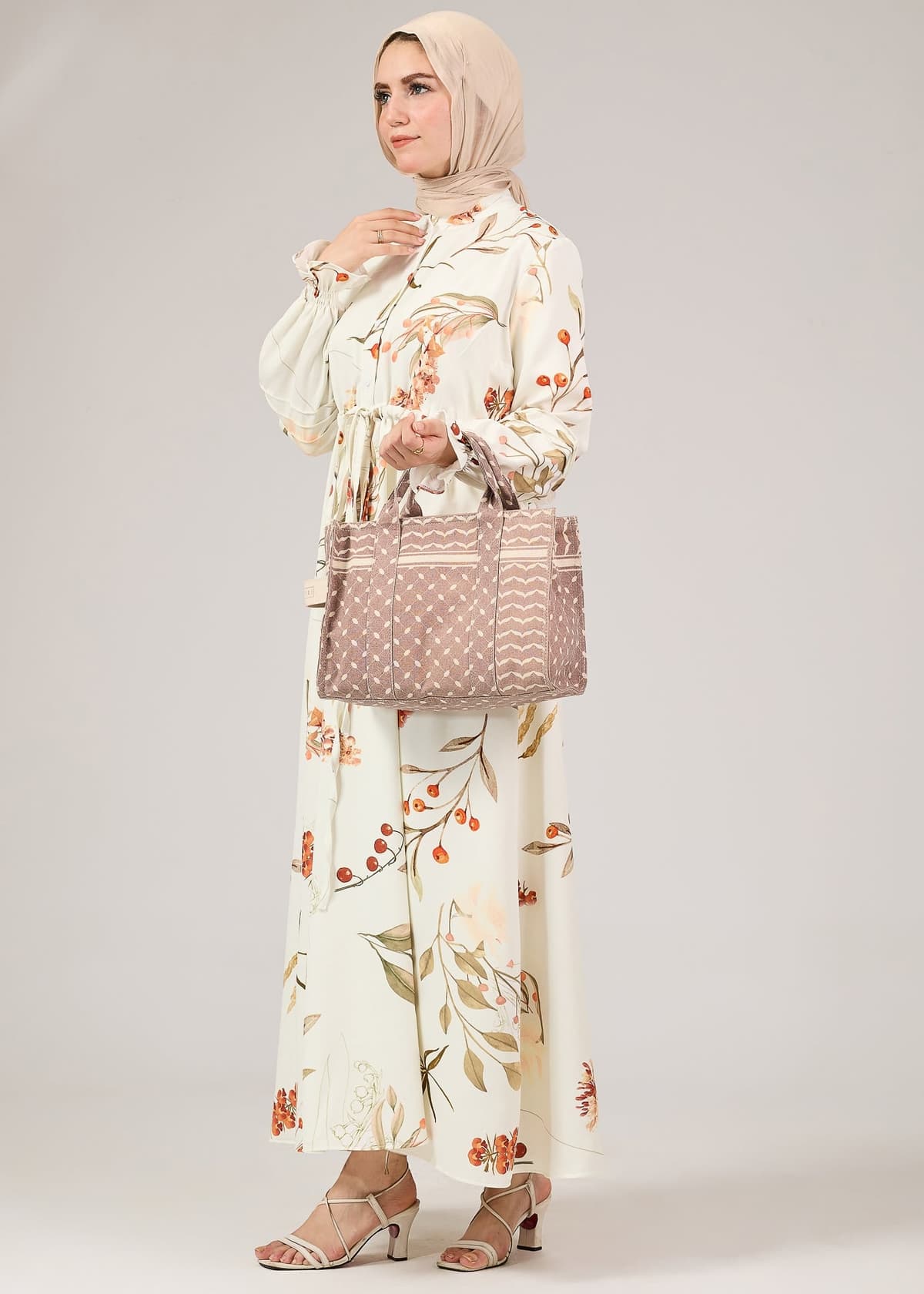 Front view of floral crepe polyester maxi dress