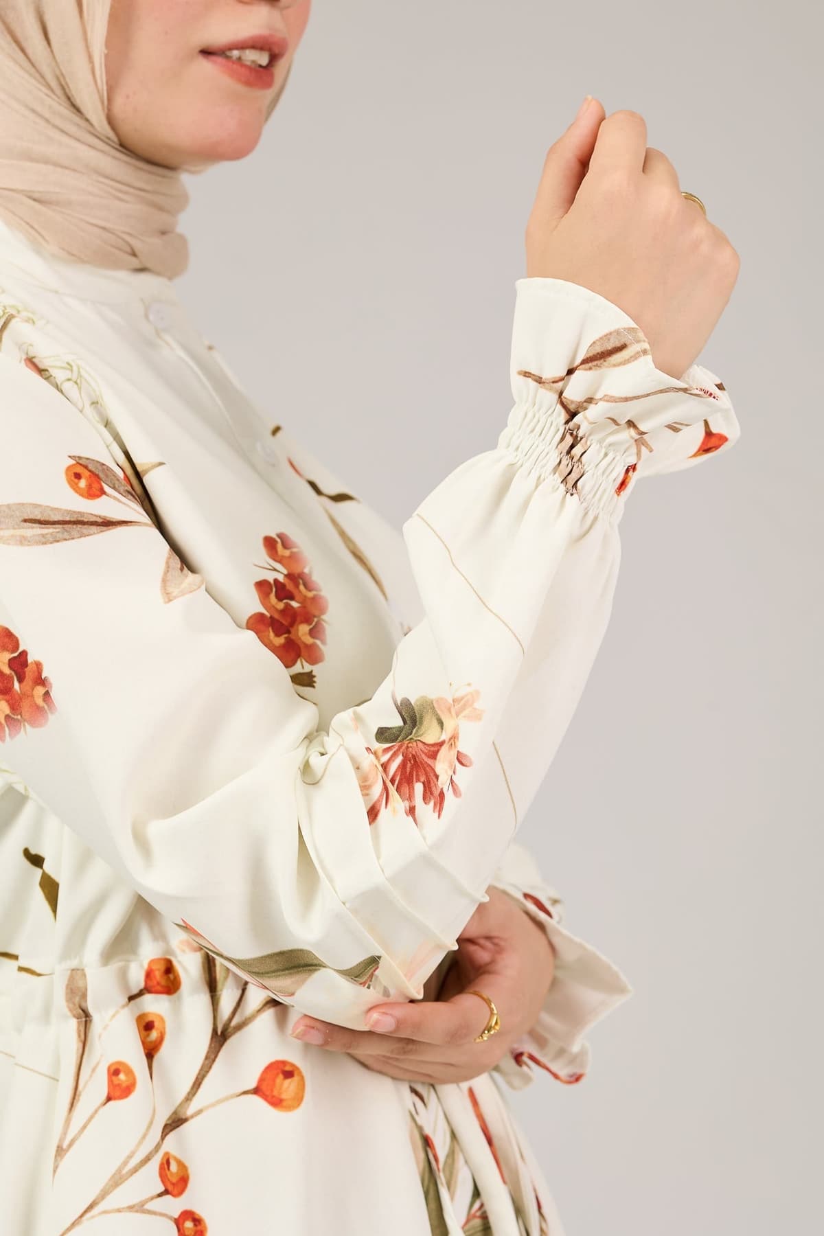 Side view of floral crepe polyester maxi dress