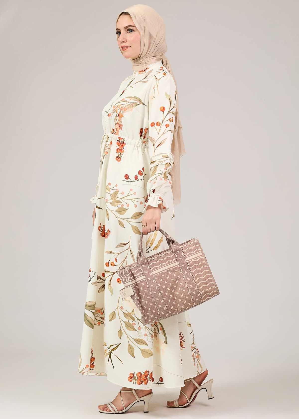 Graduation outfit styled with floral crepe polyester maxi dress