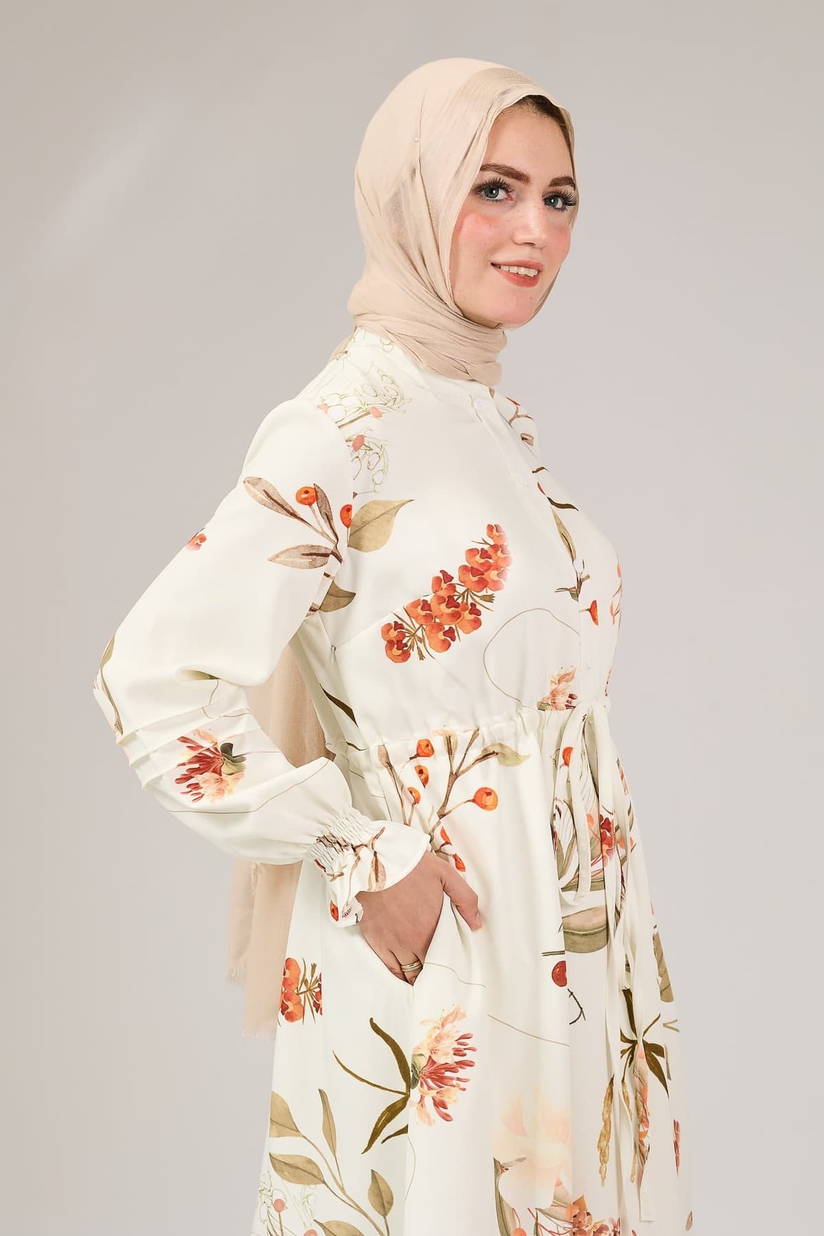 Model wearing floral crepe polyester maxi dress