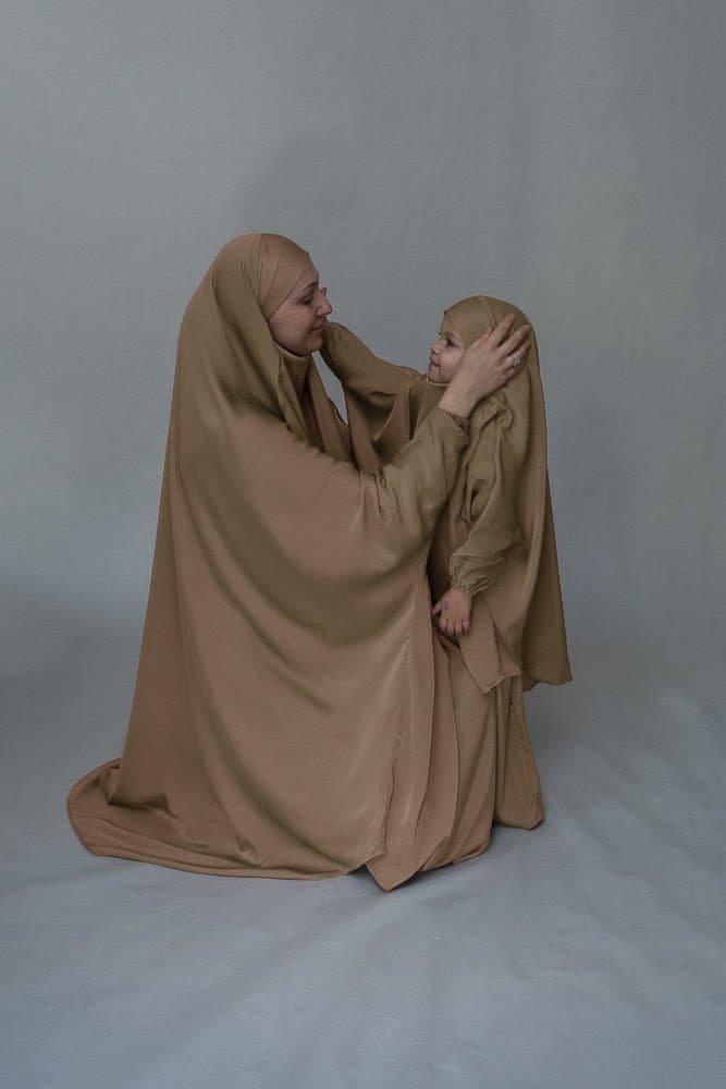 Khaki KIDS Prayer Gown from "Mommy and Me Prayer Khimar Collection in beige, view 4