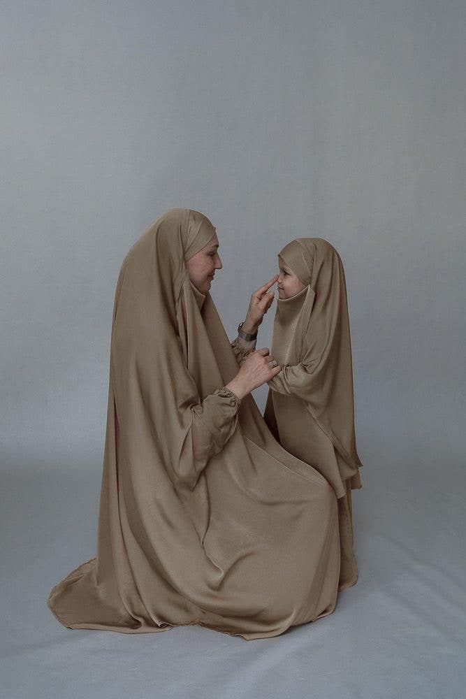 Khaki KIDS Prayer Gown from "Mommy and Me Prayer Khimar Collection in beige, view 3