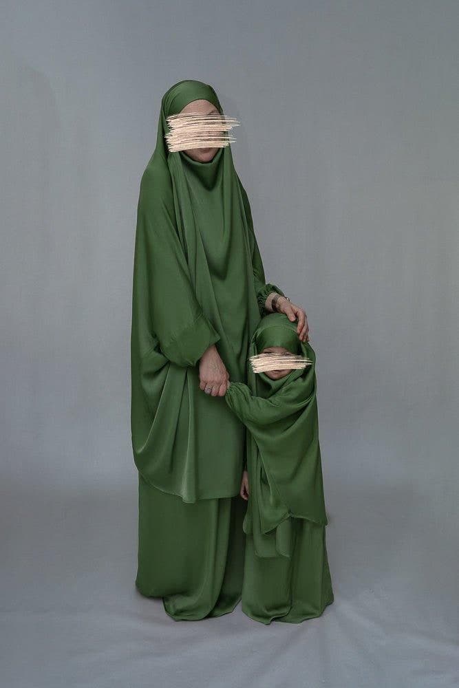 Army Green KIDS Prayer Gown from "Mommy and Me Prayer Khimar Collection, view 3