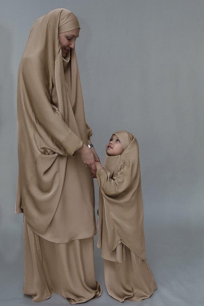 Khaki Adult Prayer Gown from "Mommy and Me" Prayer Khimar Collection in beige, view 3