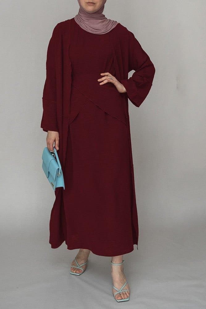 Red Three Piece Maxi Abaya with Apron and Inside Out Stitching, view 5