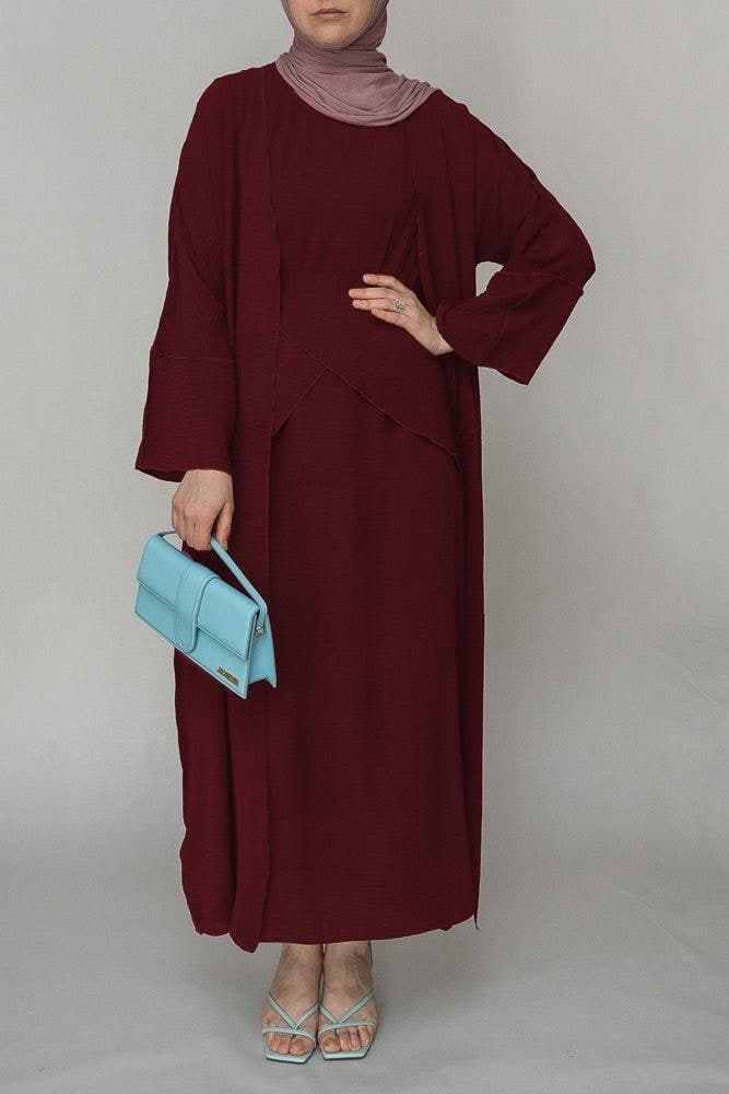 Red Three Piece Maxi Abaya with Apron and Inside Out Stitching, view 4