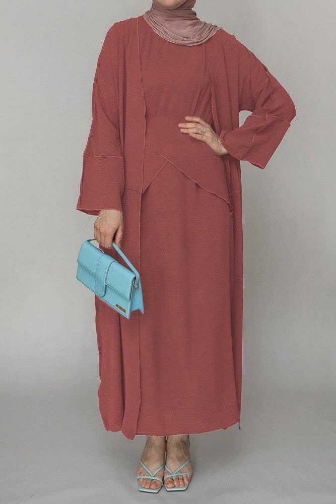 Light Pink Three Piece Maxi Abaya with Apron and Inside Out Stitching, view 5