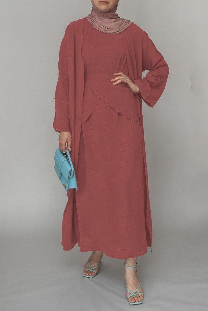 Light Pink Three Piece Maxi Abaya with Apron and Inside Out Stitching, view 6