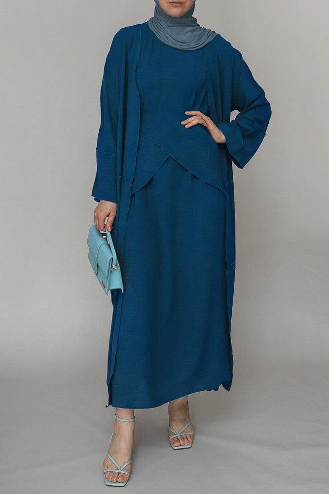Blue Three Piece Maxi Abaya with Apron and Inside Out Stitching, view 3