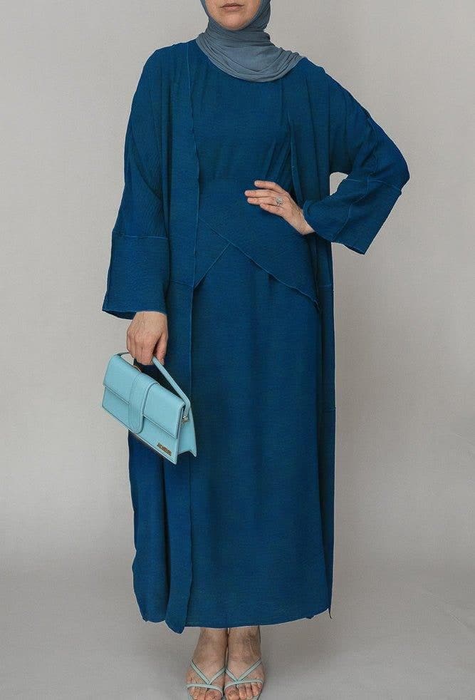 Blue Three Piece Maxi Abaya with Apron and Inside Out Stitching, view 5
