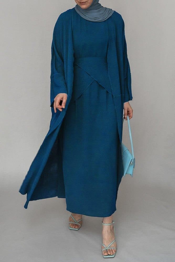 Blue Three Piece Maxi Abaya with Apron and Inside Out Stitching, view 4