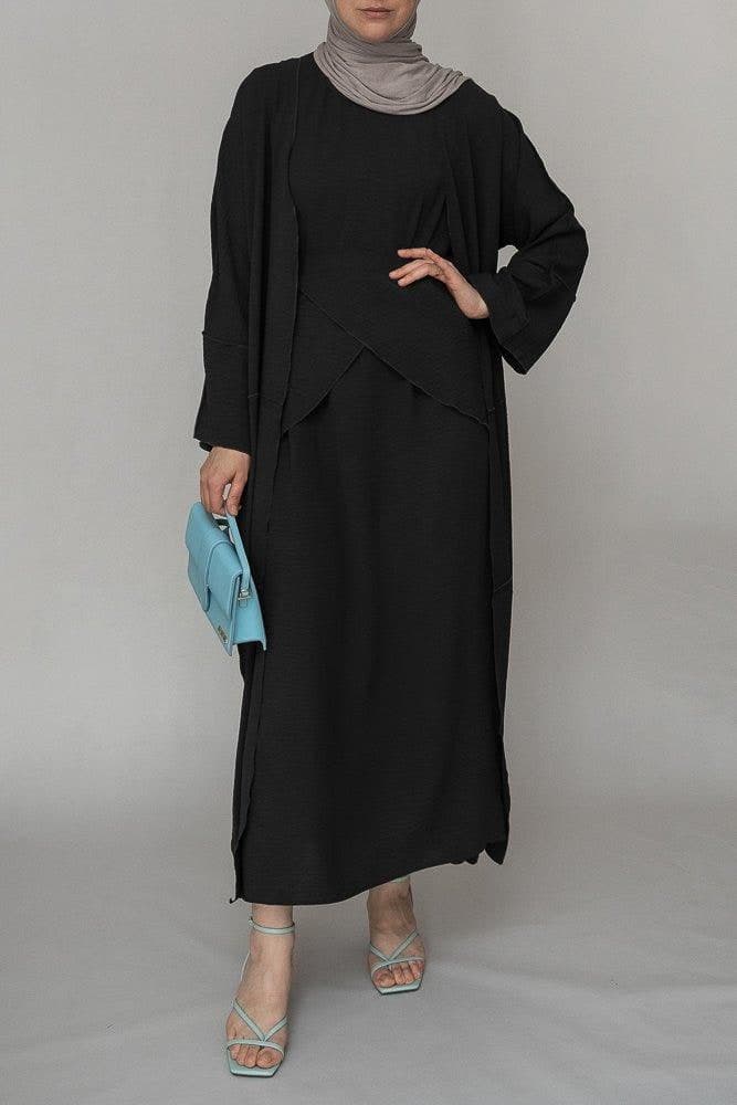 Black Three Piece Maxi Abaya with Apron and Inside Out Stitching, view 5