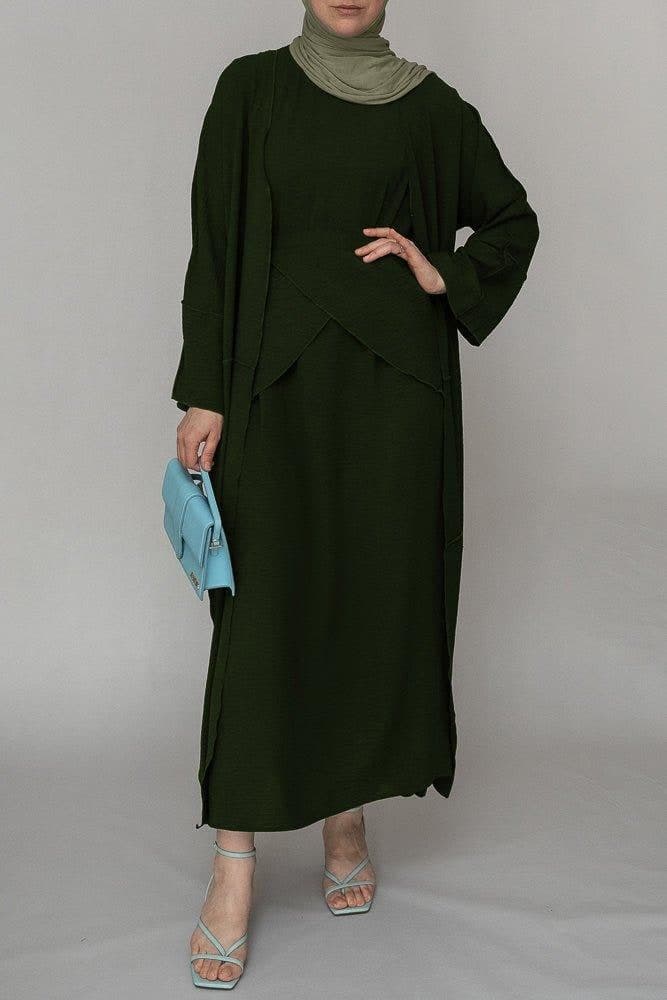 Army Green Three Piece Maxi Abaya with Apron and Inside Out Stitching, view 3