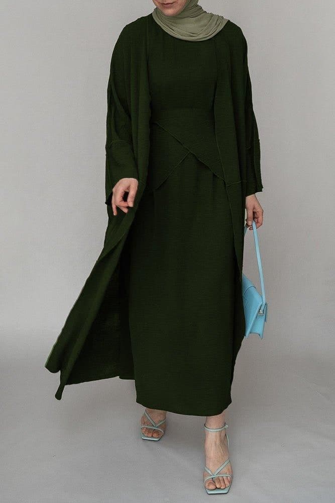 Army Green Three Piece Maxi Abaya with Apron and Inside Out Stitching, view 6